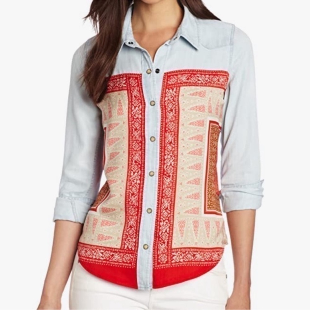 Lucky Brand Dixie Bandana Scarf Print Snap Front Western Top